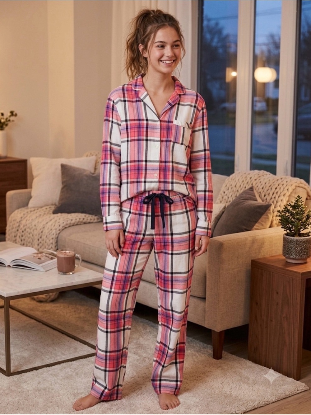 Victoria's Secret Pink & White Plaid Button-Front Pajama Set